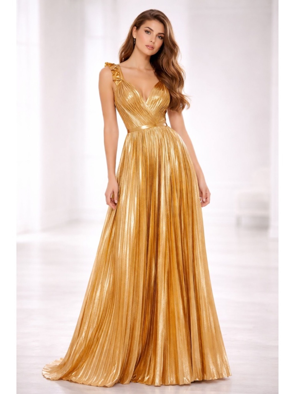 Ieena Duggal 26994 - Sleeveless Pleated Prom Dress size 2 Gold Metallic Pleated